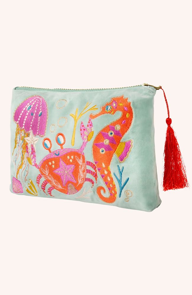 Velvet Zip Pouch - Seashore Friends, Aqua