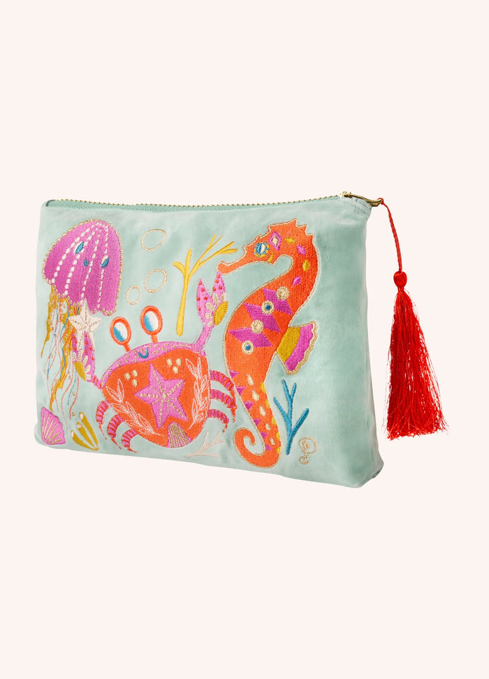 Velvet Zip Pouch - Seashore Friends, Aqua