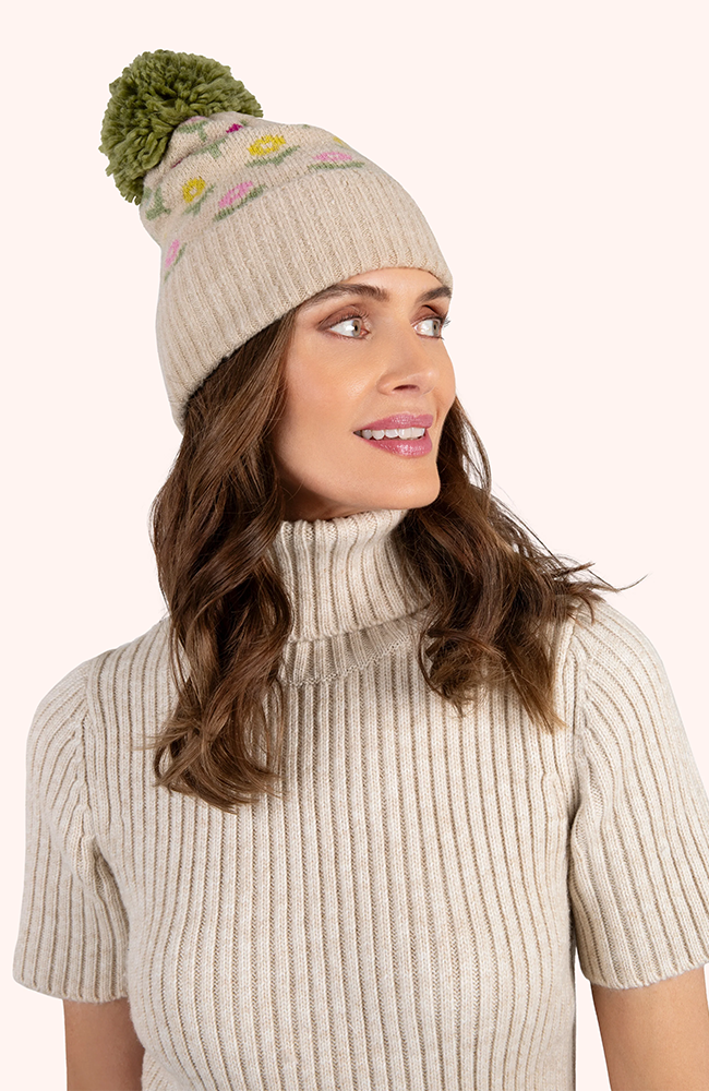 Pompom Hat - Cream Willow Ditsy Flower