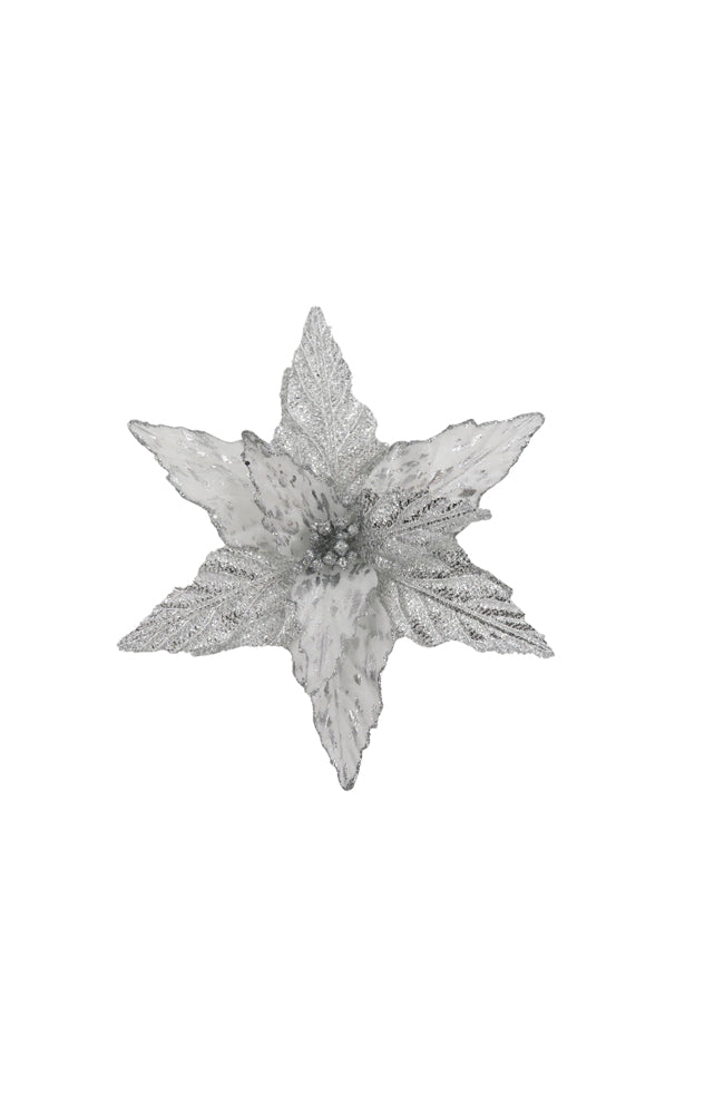 Poinsettia White Silver Petals Clip On