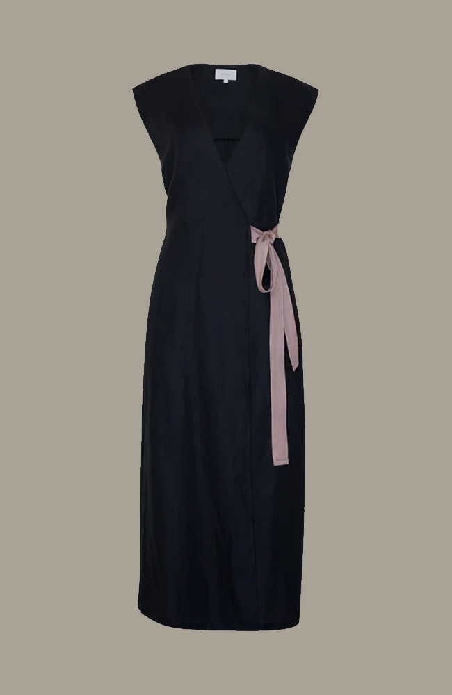 Lumen Linen Wrap Dress - Black/Mocha