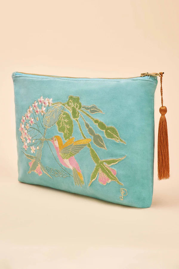 Velvet Embroidered Zip Pouch - Hummingbird, Aqua