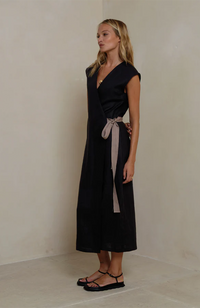 Lumen Linen Wrap Dress - Black/Mocha