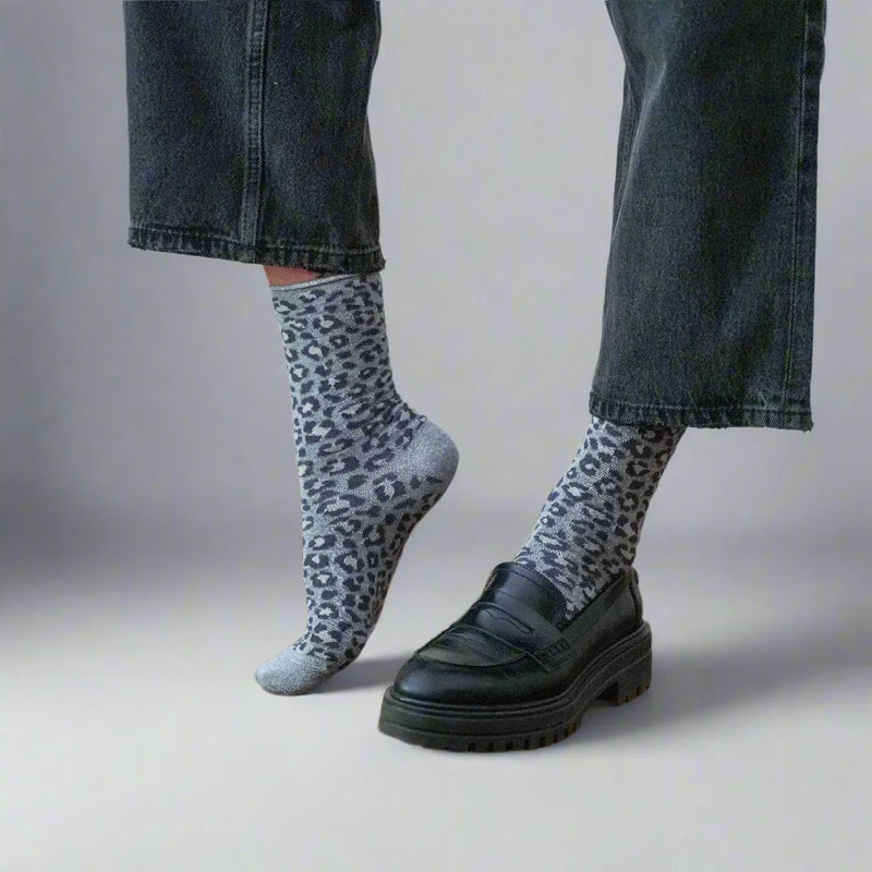 Glitter Lurex Socks - Leopard Grey