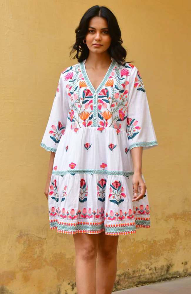 Hummingbird Embroidered Swing Dress - Multi
