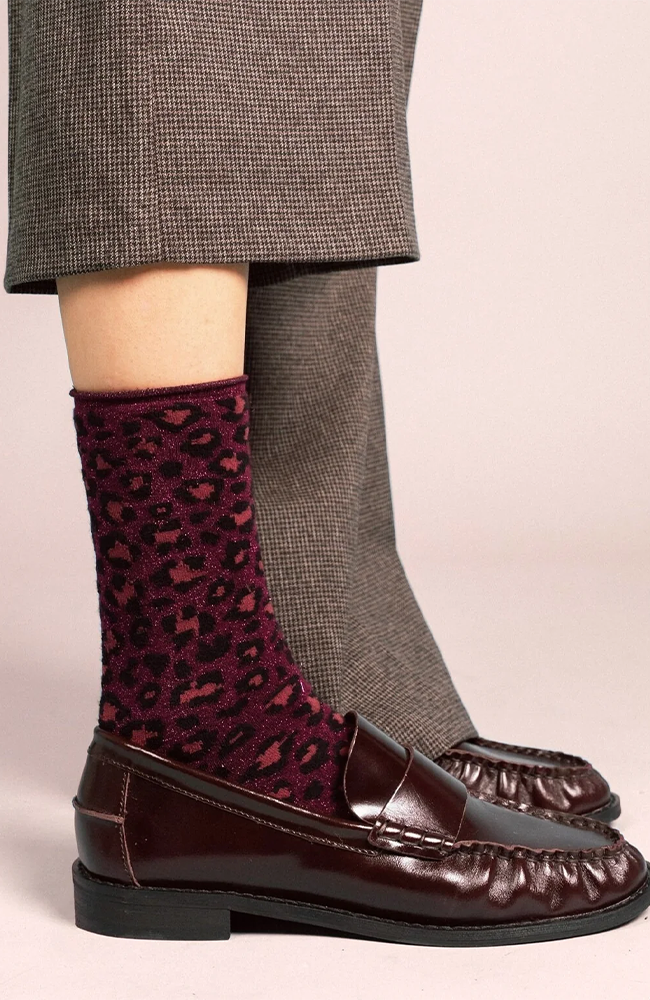 Glitter Lurex Socks - Leopard Burgundy