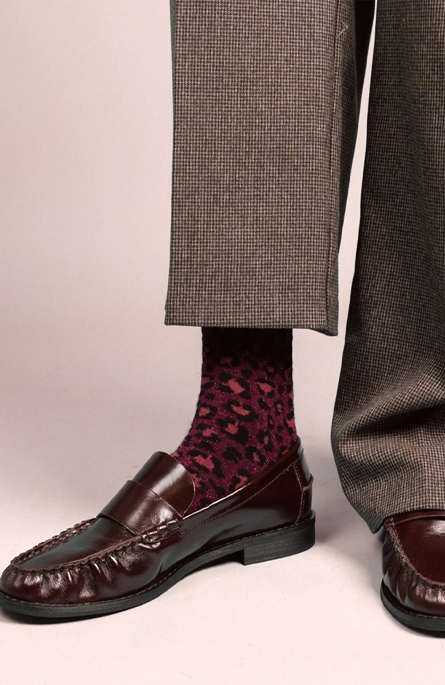 Glitter Lurex Socks - Leopard Burgundy
