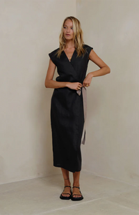 Lumen Linen Wrap Dress - Black/Mocha