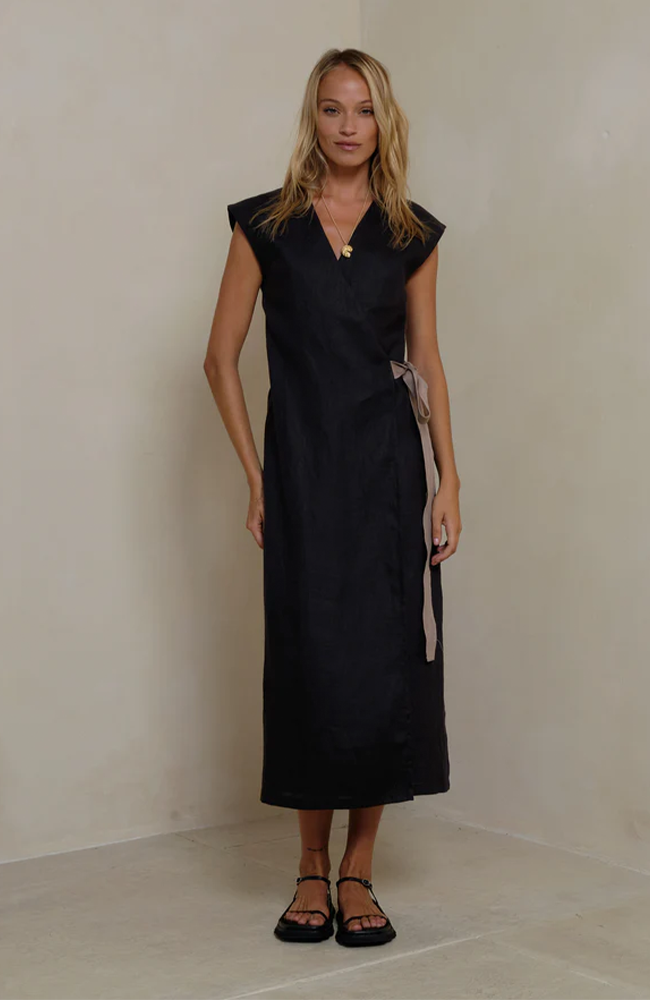 Lumen Linen Wrap Dress - Black/Mocha