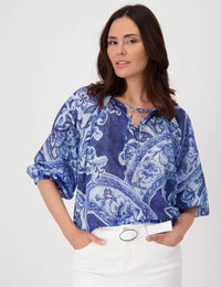 V Neck Blouse Paisley Allover - Navy Blue Pattern