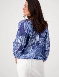 V Neck Blouse Paisley Allover - Navy Blue Pattern