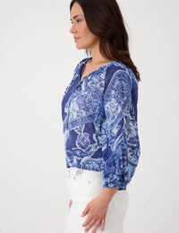 V Neck Blouse Paisley Allover - Navy Blue Pattern