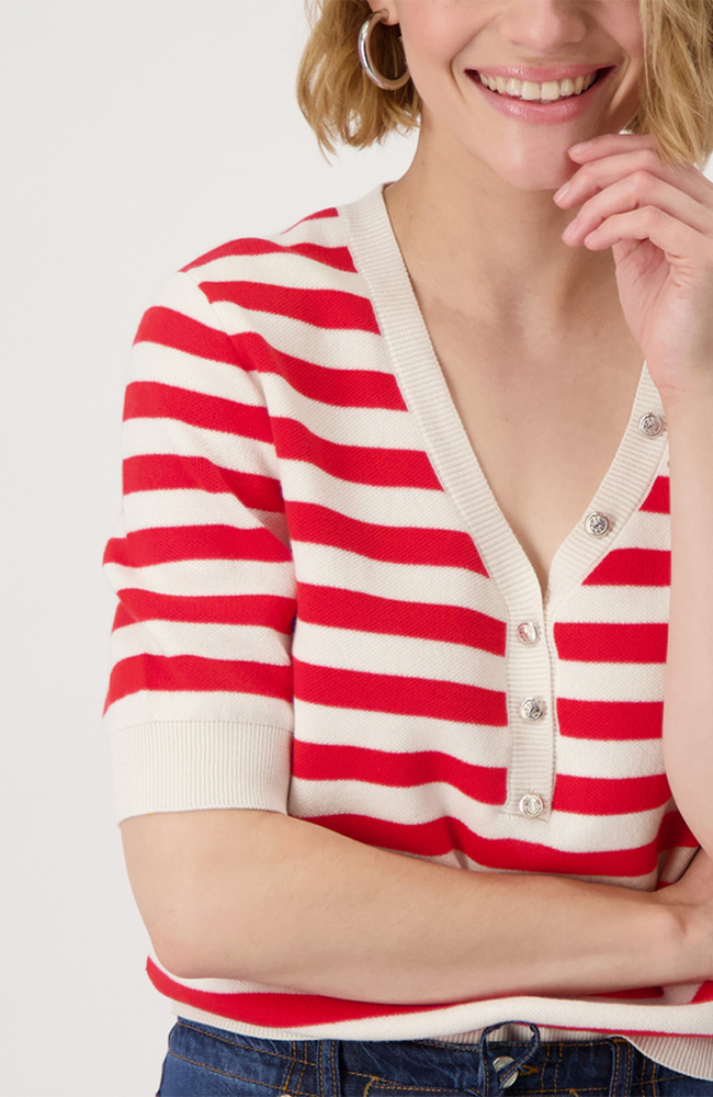 V Neck Pullover Stripes BTN - Red Striped