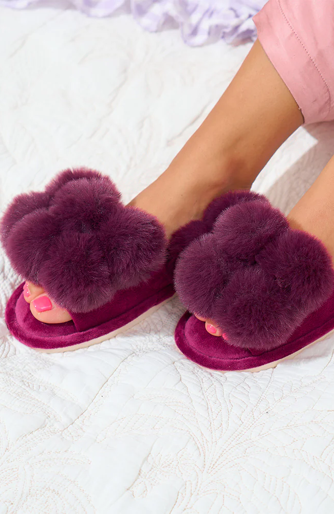 Luxe Pom Pom Slippers - Mulberry