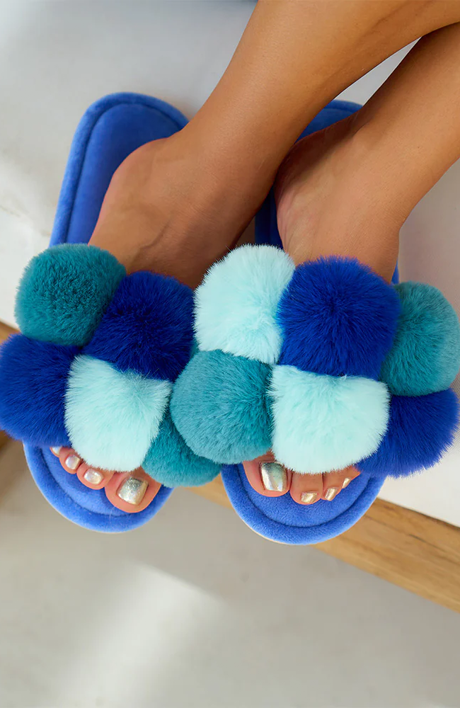 Luxe Pom Pom Slippers - Multi Blue
