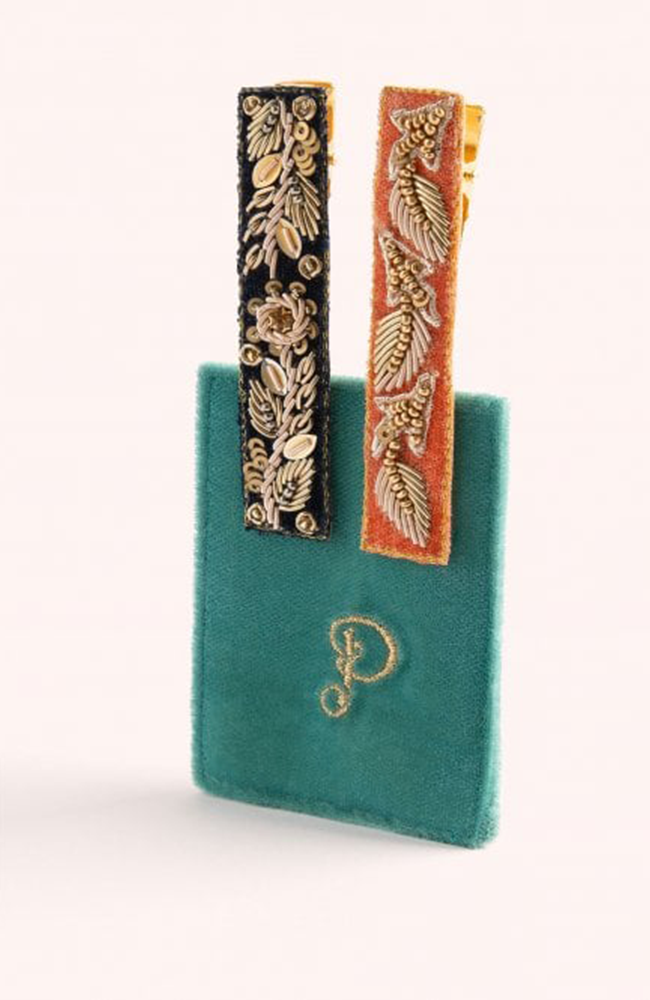 Hairclips - Navy/Tangerine Leaves, Teal