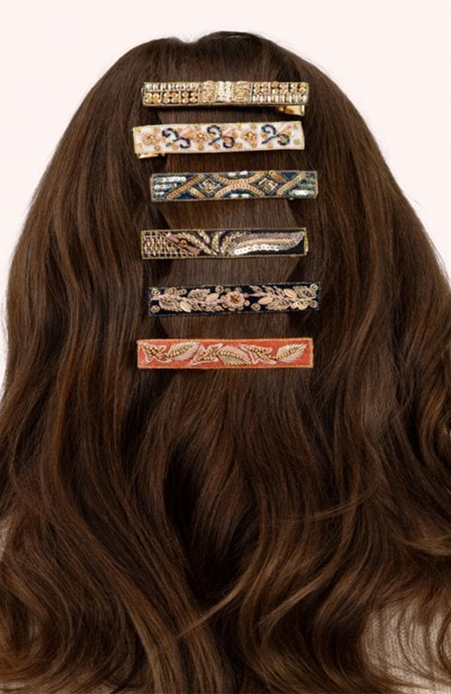Hairclips - Navy/Tangerine Leaves, Teal