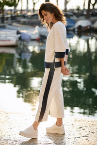Side Stripe Crop Trouser - Ecru/Navy