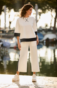 Side Stripe Crop Trouser - Ecru/Navy