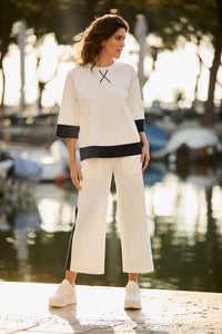 Side Stripe Crop Trouser - Ecru/Navy