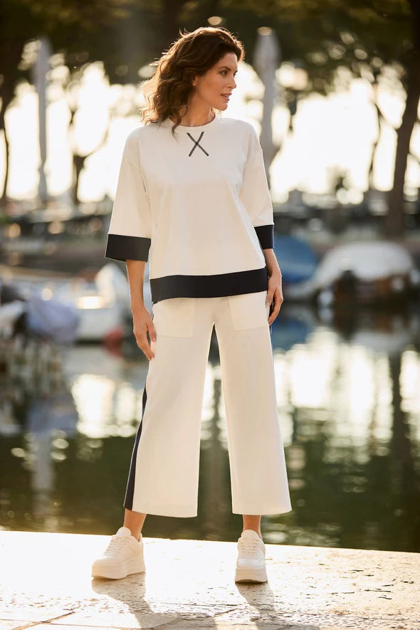 Side Stripe Crop Trouser - Ecru/Navy