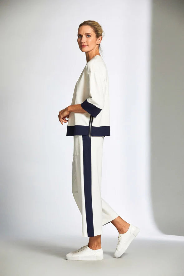 Side Stripe Crop Trouser - Ecru/Navy
