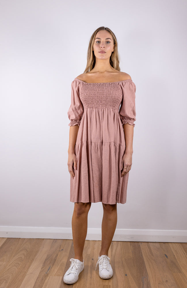 Ava Shirred Linen Dress - Pink