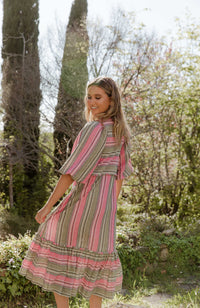 Tilly Balloon Sleeve - Khaki/Pink Stripe