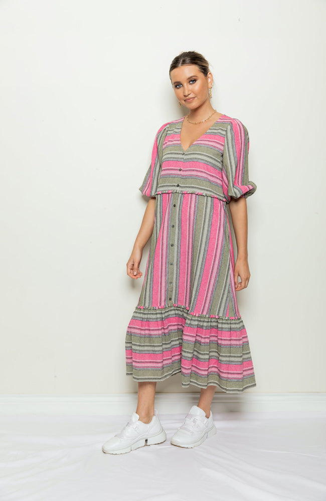 Tilly Balloon Sleeve - Khaki/Pink Stripe