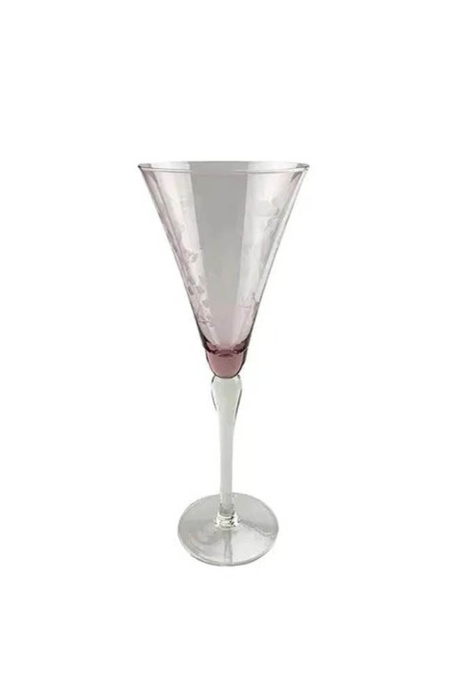 Floral Etched Tall Wine Glass - Pink