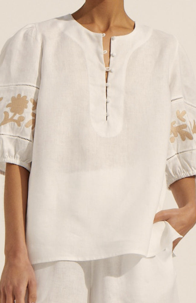 Nestle Top - Porcelain/Safari Embroid